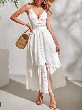 Simplee White Eyelet Maxi Dress with Spaghetti Straps